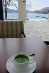Cup of matcha tea on a table in the Hakone Hotel