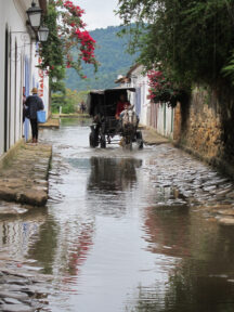 Narrow streets with white houses either side, flooded cobbles, horse and cart